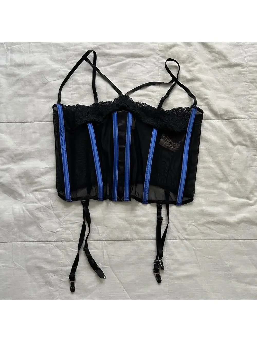 Deadstock NWT Black Mesh Corset Cami Blue Satin Boning Lace Garter Bustier Top